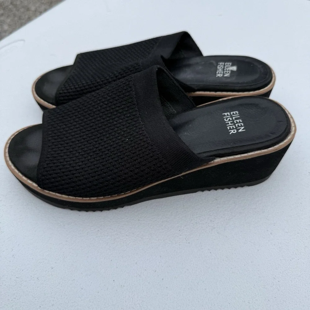 Eileen Fisher Telly Recycled Stretch Knit Wedge Sandal Sz 6‎ Slip On Black Rare